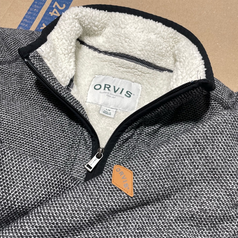 Orvis Fleece Pullover Men's Sz L Gray 1/4 Zip Sherpa Lined